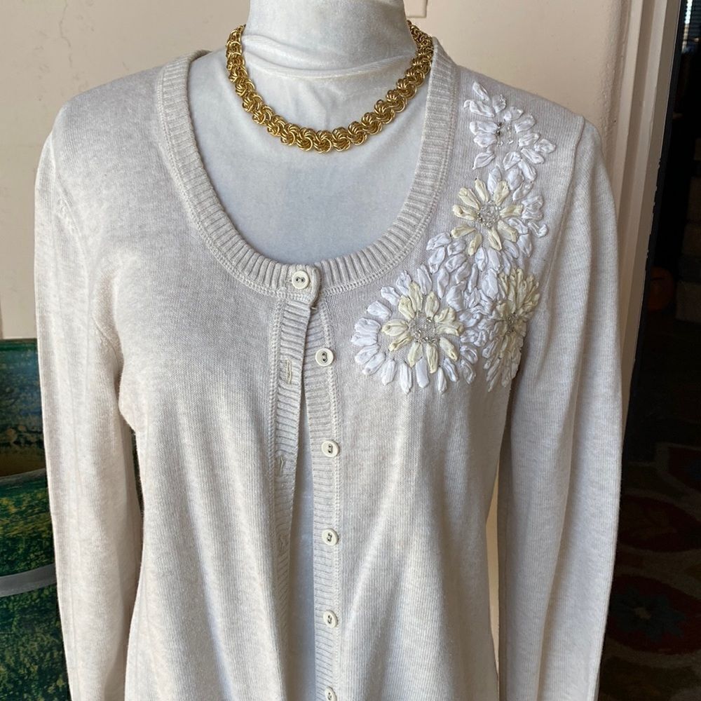 Cardigan with decorative flowers on one shoulder by Sonoma size medium
